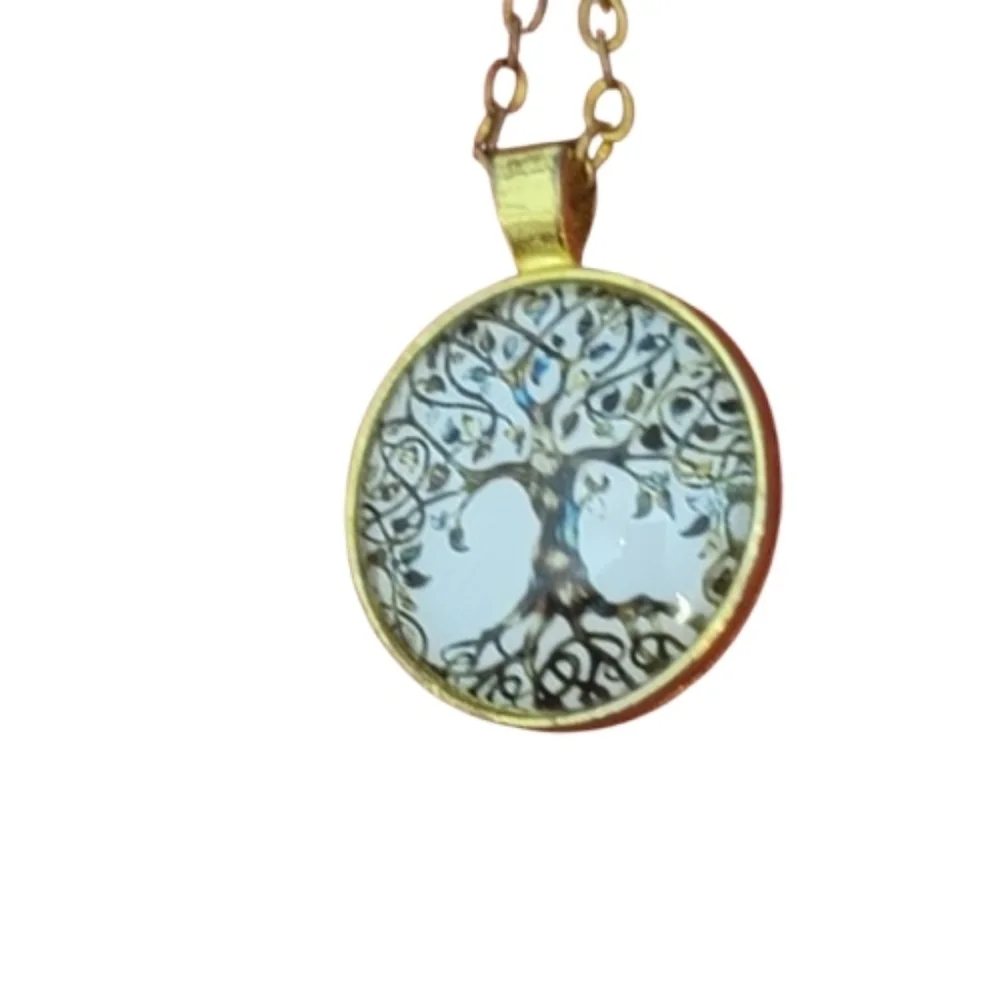 Gold Tree of Life Pendant Necklace Cabochon Statement Gift